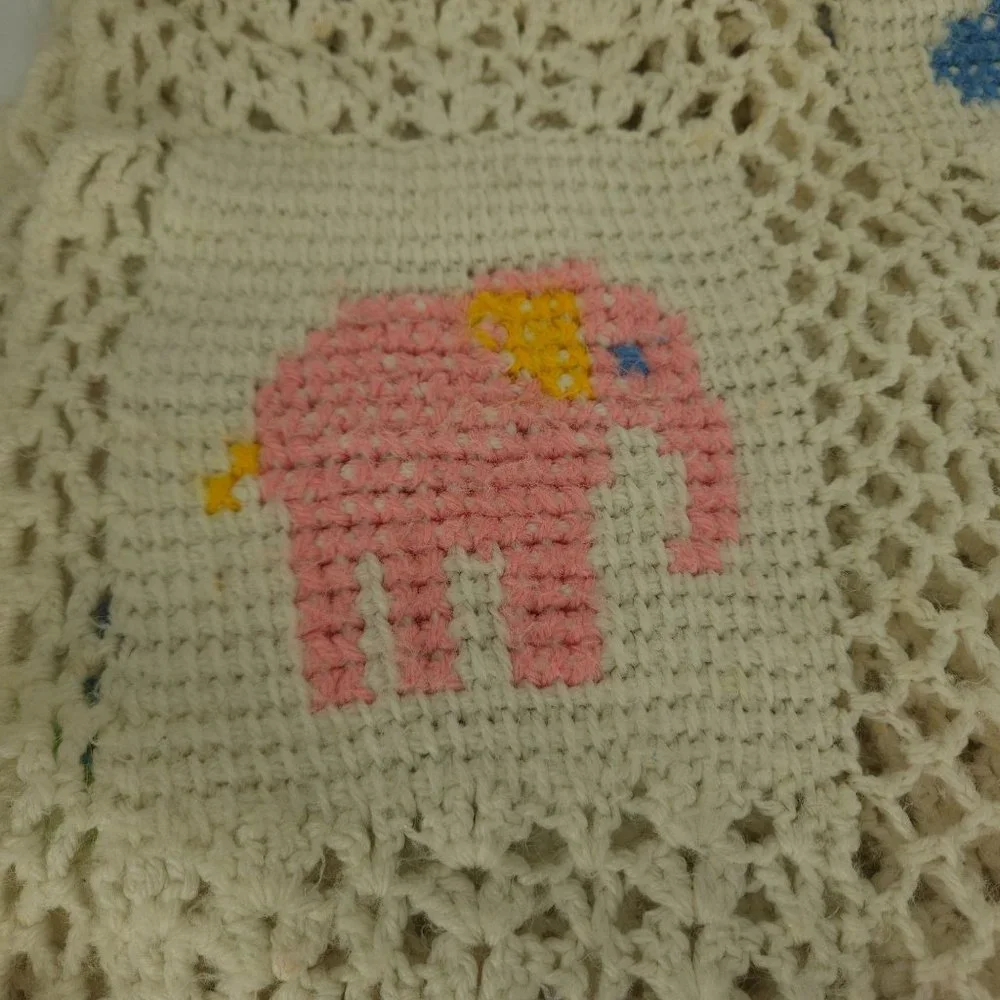 Crocheted Afghan Blanket Baby Infant Homemade White Boy Girl Animal Squares 58